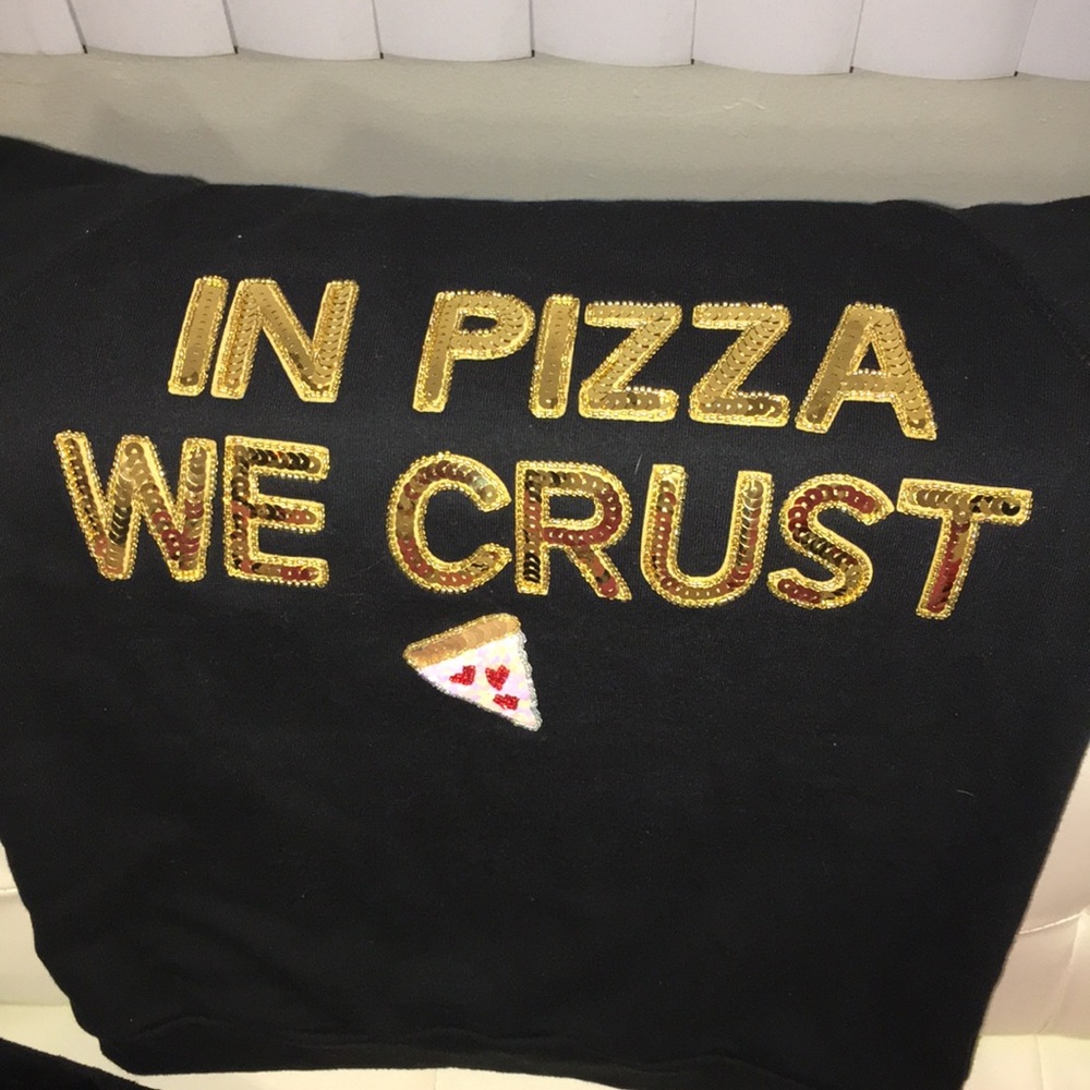 Bow and Drape Pizza sweatshirt black sequins